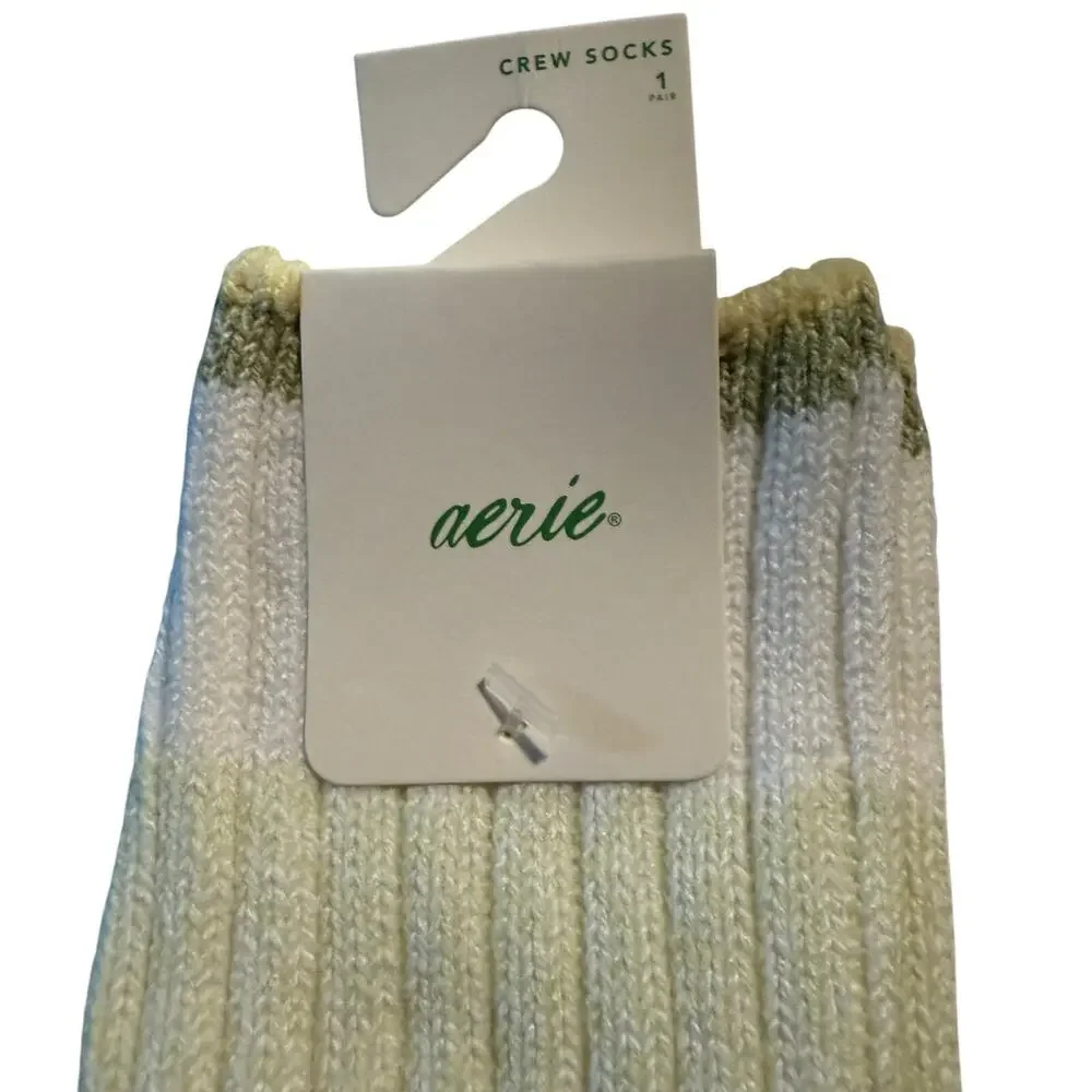 Aerie Cream & Sage Green Ribbed Crew Socks, One Size, NWT